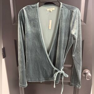 Madewell Velvet Wrap Top Sage Green Long Sleeve Stretch Blouse Size Small NWT